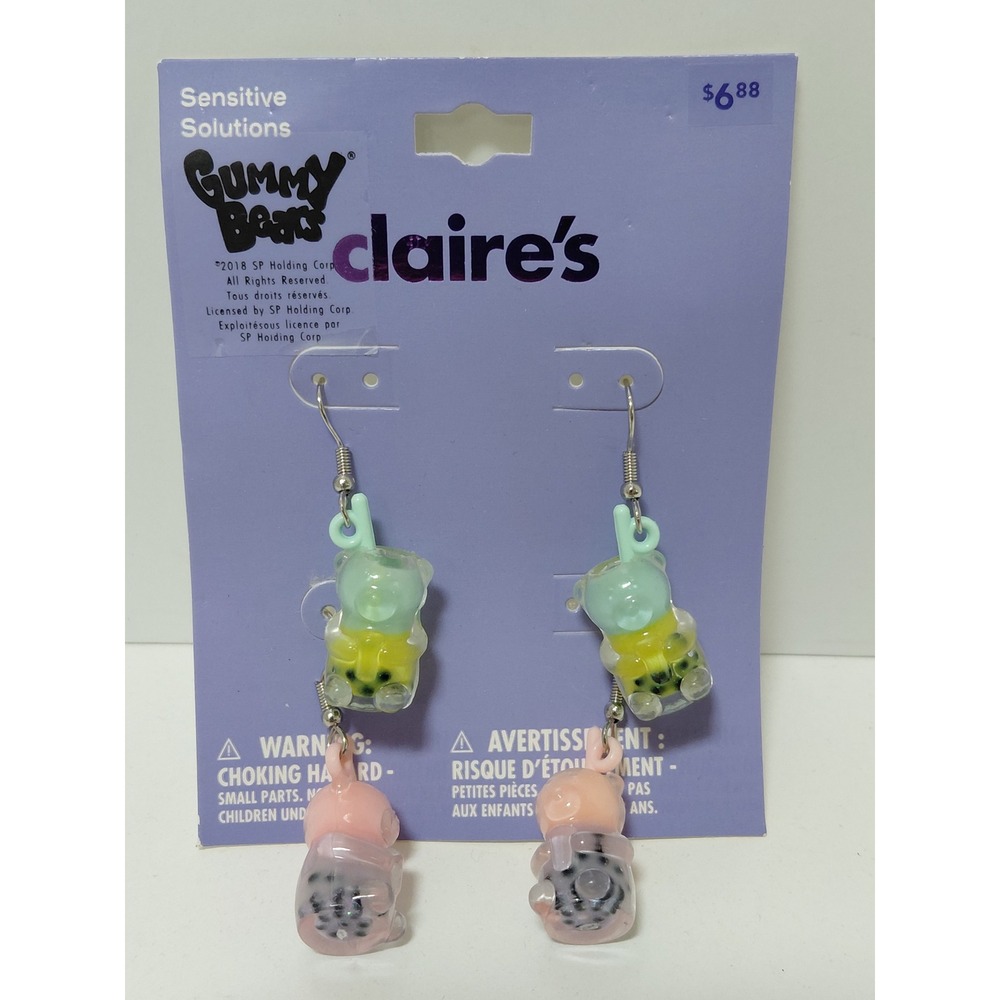 Claire's Gummy Bears Boba Tea Dangle Earrings Sensitive Solutions Pink Green New